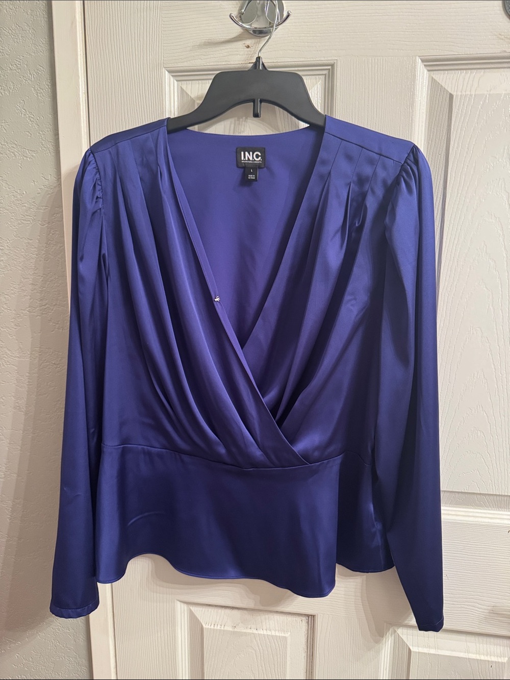 INC International Concepts Royal Blue Satin Wrap-Style Blouse